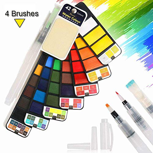 Set Aquarelle Voyage 42 Couleurs - Avec 7 Pinceaux Réservoir D'eau - Palette Portable Pour Débutants, Adultes, Enfants