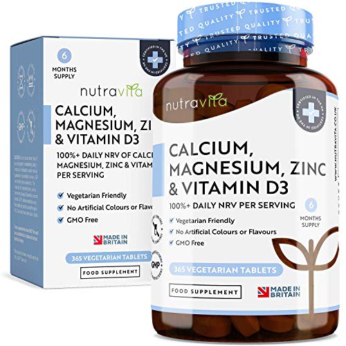 Calcium, magnésium, zinc et vitamine D3-365 comprimés végétariens - Supplément de calcium à haute résistance - Supplément Osteo végétarien de 6 mois - Fabriqué au Royaume-Uni par Nutravita