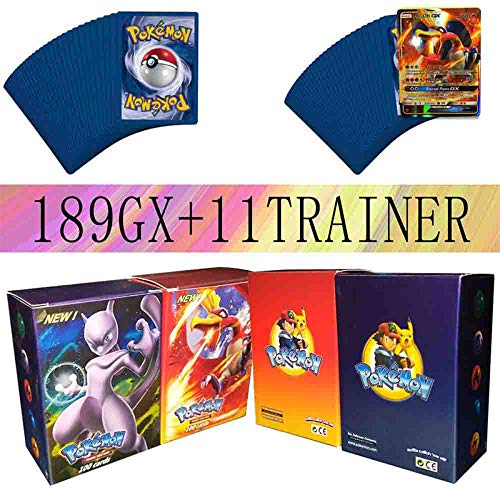 Generic 200PCS. Carte Pokemon, GX/EX/Mega/Energy. Freebies: 200 Pages (Carte de Jeu/Film Protecteur Film Protecteur),189gx+11trainer
