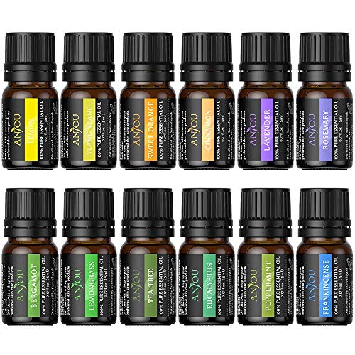 Anjou Huiles Essentielles 12 x 5ml Pures et Naturelles avec Lavande, Orange Douce, Arbre à Thé, Eucalyptus, Citronnelle, Menthe Poivrée, Bergamote, Citron, Romarin, Cannelle, Ylang-Ylang et Encens