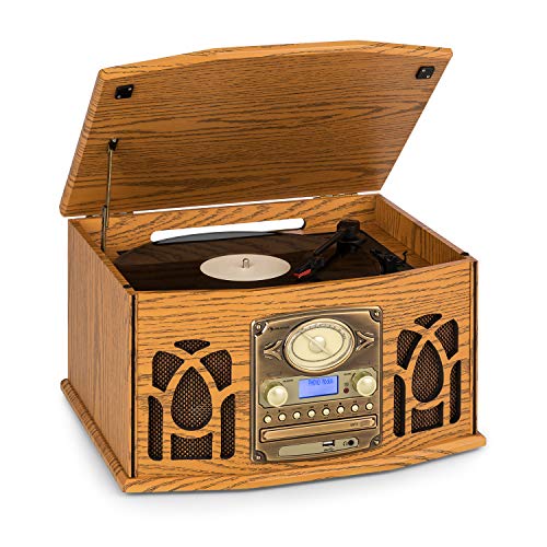AUNA NR-620 Dab Chaîne stéréo - Compacte, Platine Vinyle 33 et 45 TR/Min, Lecteur CD,CD-R/RW & MP3CD, Platine Cassette, Radio Dab+/FM, BT, Port USB, Easy Recorder, Design Bois, Brun
