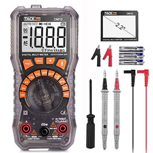 Multimètre, Testeur Numerique, Détecter Sans Contact NCV, équipé Lampe Torche,Tournevis et 2 Pince Crocodile, Testeur de Pile, Tension, Courant, Résistance, Diode, Rétro-éclairage, Tacklife DM10