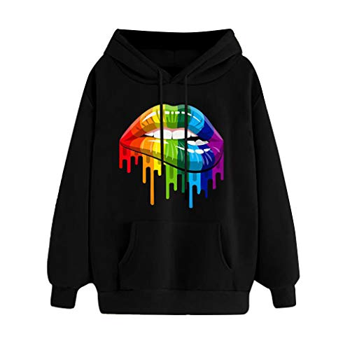 Sweat Femme avec Capuche Hiver Chaud Imprimé Heartbeat Sweat-Shirt Manches Longues Poches Hooded Pullover Casual Tops Youngii(Noir C,L)