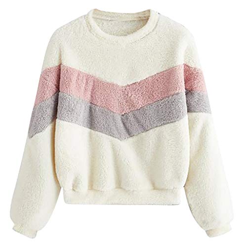 Sweat Femme Polaire sans Capuche Pull Ados Fille Pas Cher Sweatshirt Hiver Chaud Patchwork Tops Casual Youngii(Blanc,S)