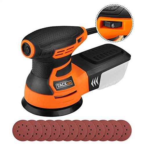 TACKLIFE Ponceuse Excentrique, Ponceuse Rotative, 350W 0-13000OPM, 6 Vitesses Variables, Équipé d'Une Boîte à Poussière, Fourni avec 12pcs 125mm Disque de Ponçage (Grain Abrasif de 80, 180) | PRS01A