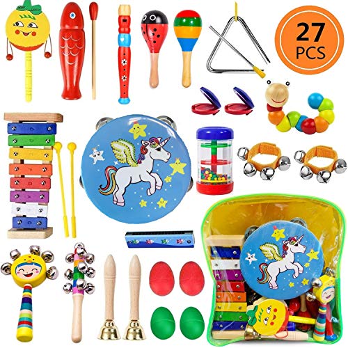 Yetech 27pcs Instruments de Musique Enfants Set en Bois Percussion pour Bébé avec Xylophone, Tambourin, Triangle et Autre Instrument Jouets avec Sac de Transport