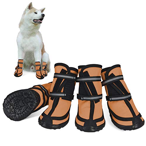 Bottes de protection pour chien Ensemble imperméable, chaussures chien antidérapantes avec boucle adhésive Sangles réfléchissantes Chaussures chiens chaudes résistantes pour les chiens Orange L