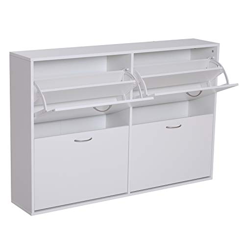HOMCOM Armoire à Chaussures Meuble à Chaussures Grande Taille dim. 120L x 24l x 81H cm 4 Portes abattantes Double Niveau Panneaux Particules Blanc