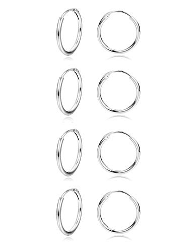 Sllaiss 4 Paires de Boucles d'Oreilles Femme Petits Créoles en Argent Fin 925 - Épaisseur 1.2 mm, Diamètre 12 mm