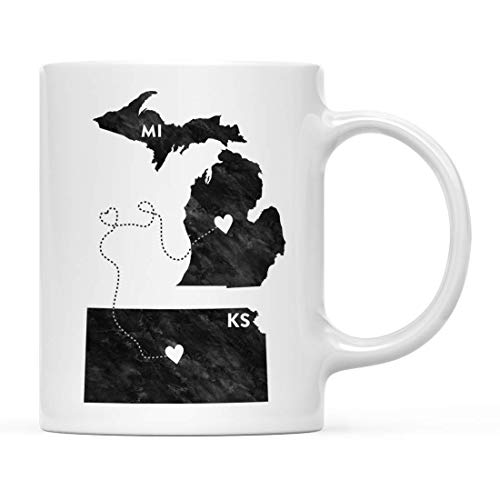 Tasse à café Cadeau Longue Distance, Michigan et Kansas, Noir et Blanc Moderne, s'éloignant des Cadeaux d'université de Graduation pour Lui Ses Relations 11 OZ