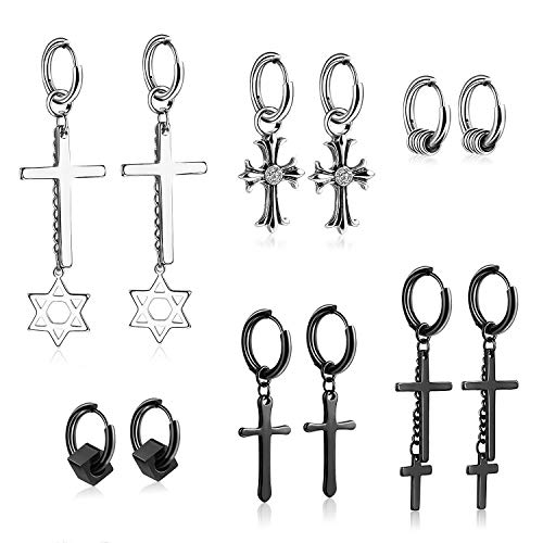 ZWOOS 6 Paires Boucles d'Oreilles Croix en Acier Inoxydable, Boucle Oreille Homme Boucle d'Oreille Femme Unisexe Punk Rock Rivet Anneau Clous Piercing Oreille Homme